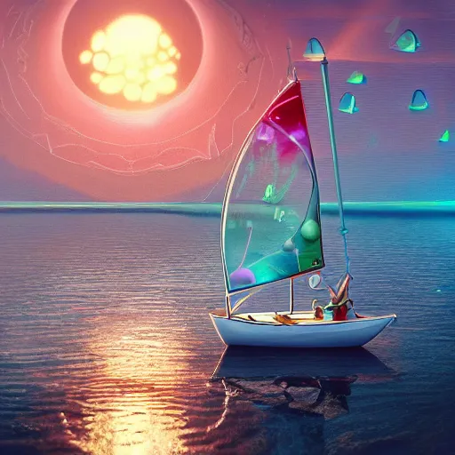 Image similar to tiny sail boat, floating, rbc, bunny, radiolaria, protophyta, micro - organisms, center frame, symmetric, rim light, marine microbiology, bioluminescence, electric, fur, soft, concept art, intricate details, highly detailed, colorful, photorealistic, disney pixar, octane render, iridescent, anime, 8 k