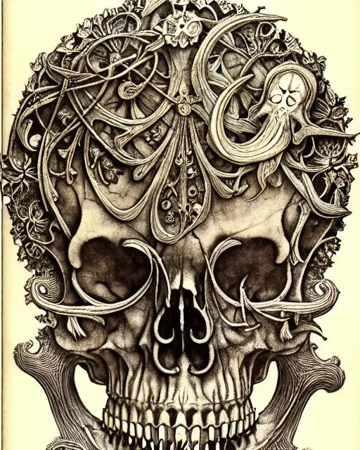 Image similar to memento mori by arthur rackham, art forms of nature by ernst haeckel, exquisitely detailed, art nouveau, gothic, ornately carved beautiful skull dominant, intricately carved antique bone, art nouveau botanicals, ornamental bone carvings, art forms of nature by ernst haeckel, horizontal symmetry, arthur rackham, ernst haeckel, symbolist, visionary