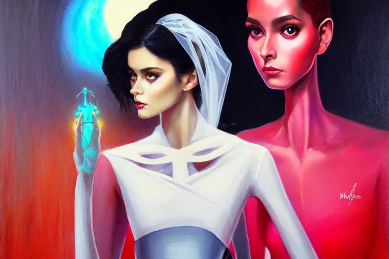 Image similar to wedding day 🫀👩🏾, futuristic wedding dress, neon god of city character portrait, in the style of margaret keane, moebius, tom bagshaw, and waterhouse, cinematic lighting, beautiful, elegant, oil painting,