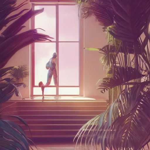 Image similar to indoor liminal space, astronaut, golden light, greg rutkowski, palm trees, pink door, minimalistic, hyperrealistic surrealism, award winning masterpiece with incredible details, epic stunning, infinity pool mirrors, a surreal vaporwave liminal space with mirrors, highly detailed, trending on artstation, artgerm and greg rutkowski and alphonse mucha, daily deviation