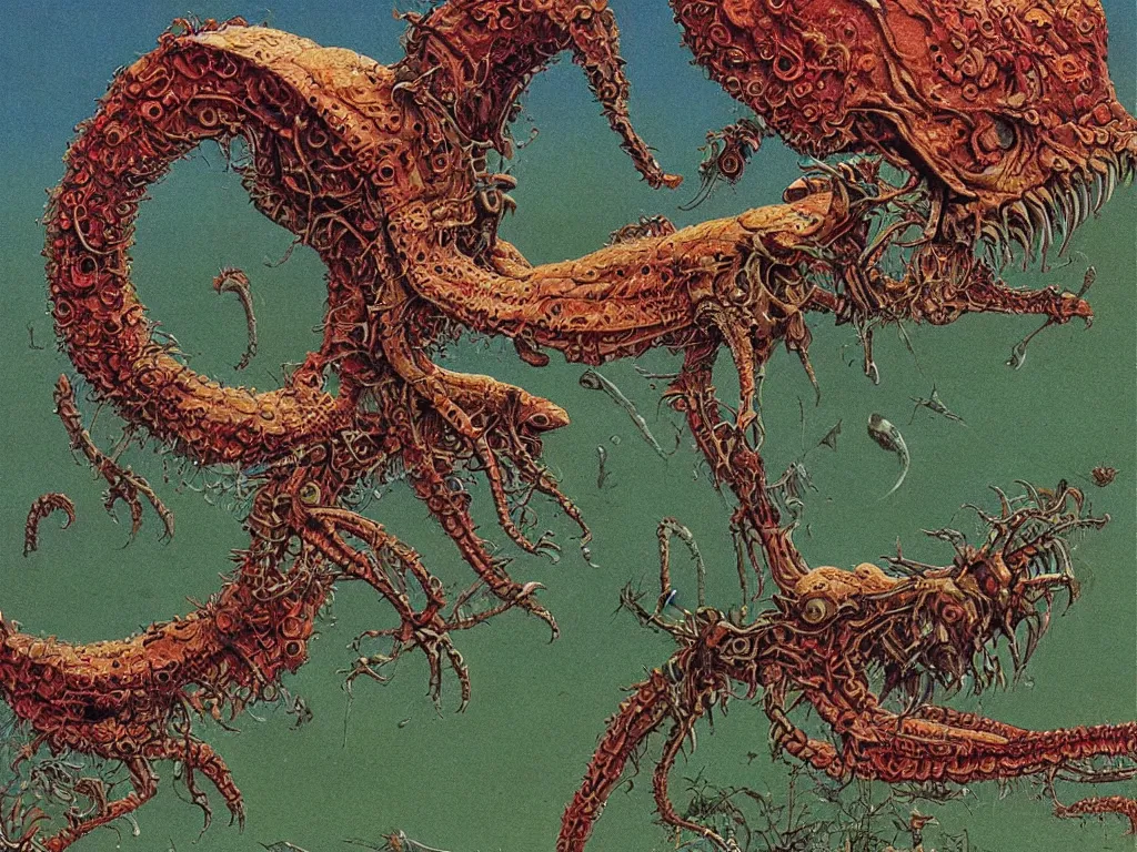 Image similar to close up view of a creature from codex seraphinianus. painting by roger dean