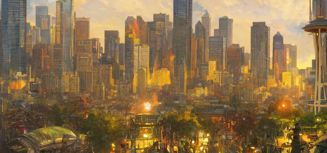 Prompt: the city of Seattle by Stanley Artgerm Lau, greg rutkowski, thomas kindkade, alphonse mucha, loish, norman Rockwel