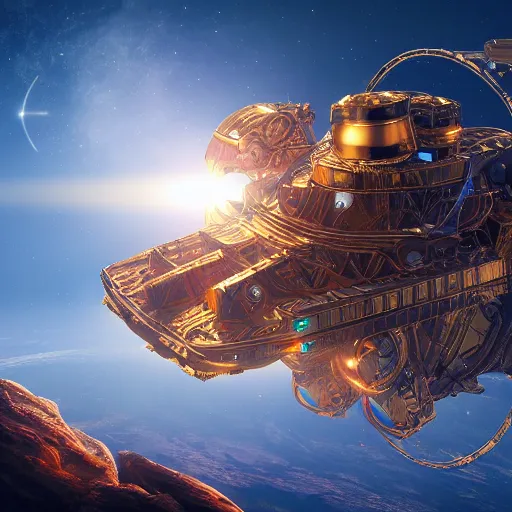 Prompt: colossal dream bot mothership in outer space, heart of gold, golden hour, intricate details, sharp focus, digital art, hyper realistic, 4 k, unreal engine, highly detailed, hd, dramatic lighting by brom, trending on artstation