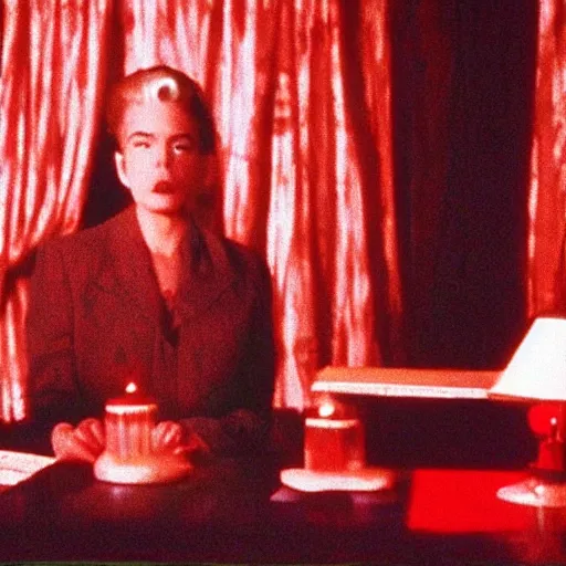 Image similar to the black lodge, Twin Peaks (1990), eerie surreal nightmare, david lynch, red curtains, ominous