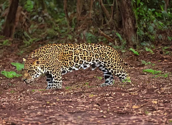 Image similar to jaguar the animal in the forest but it has the body of a jaguar car, professional natural geographic jungle photo