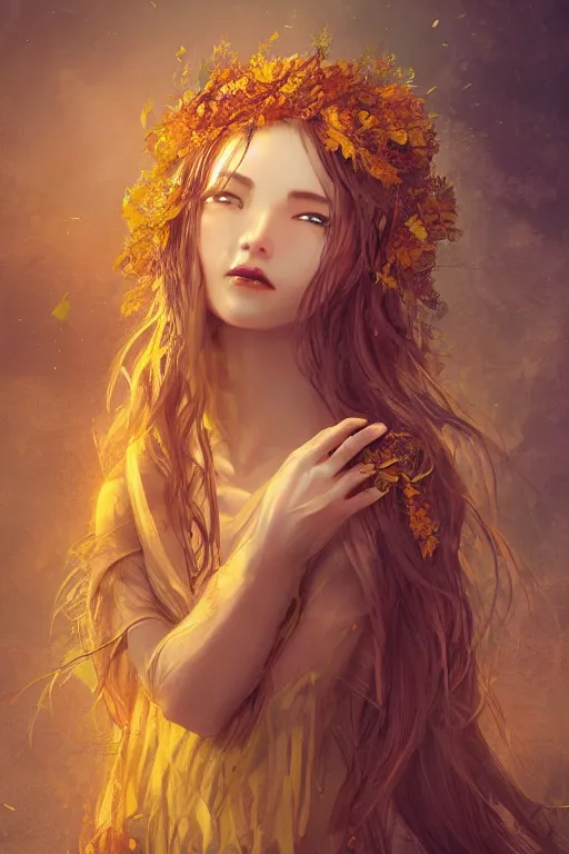 Image similar to The goddess of autumn harvest, tranquility, beautiful face, long hair, wearing wheat yellow gauze, comic style, virtual engine, 3D, sense of atmosphere, goddess, by wlop