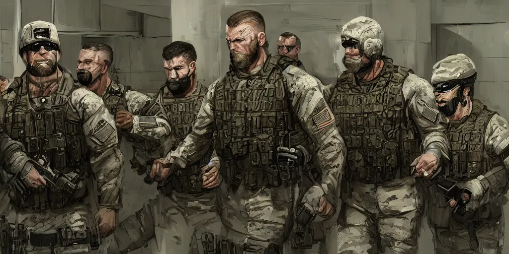 Image similar to strong muscular men soldiers arresting Joe Biden, Joe Biden standing handcuffed in custody, cyberpunk seal team 6 USA in military uniforms and armed. Featured on Artstation , CGsociety, Cinematic, hyper realism, realistic proportions, dramatic lighting, high detail 4k