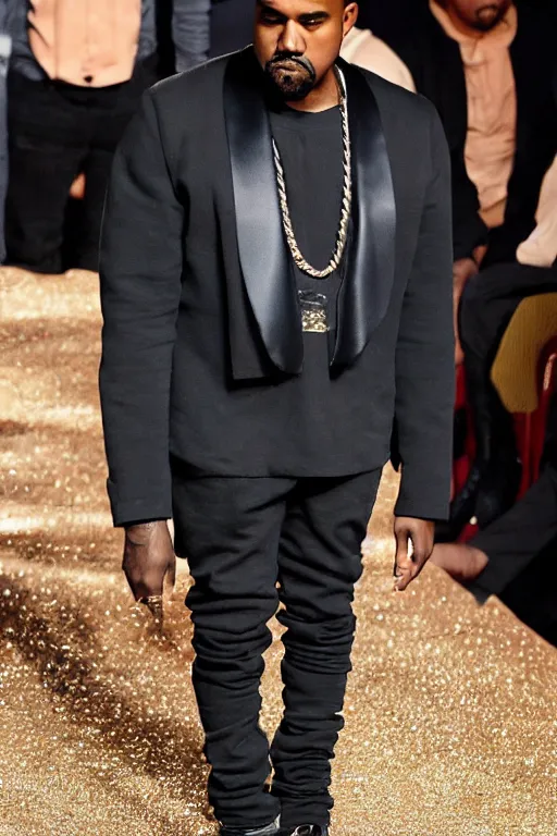 Prompt: kanye west wearing a suit made of skin, runway photo