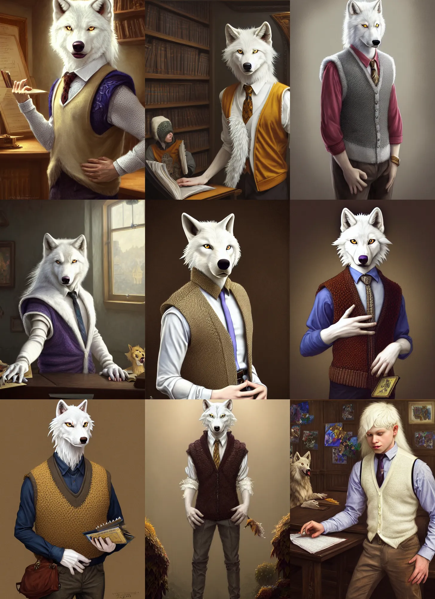 Prompt: photograph of a male anthropomorphic albino wolf fursona wearing a sweater vest in a school classroom, deep focus, intricate, elegant, highly detailed, digital painting, artstation, concept art, matte, sharp focus, illustration, d & d, fantasy, hearthstone, art by artgerm and greg rutkowski and alphonse mucha