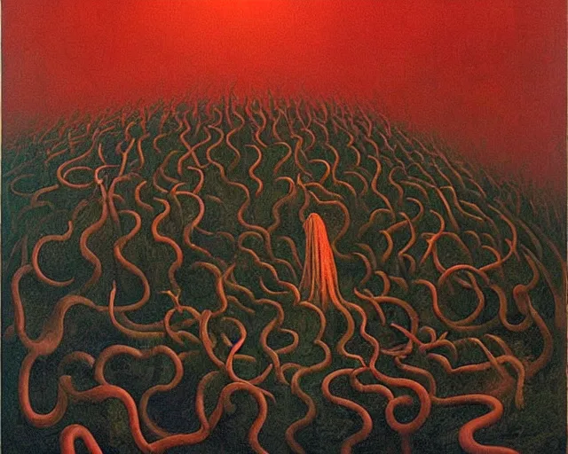 Image similar to the seventh circle of hell from dante's divine comedy with lots of colours. highly detailed painting by zdzisław beksinski 8 k