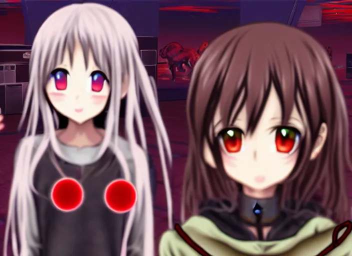 Image similar to an anime girl in a screenshot of the video game doom, the anime girl is smiling