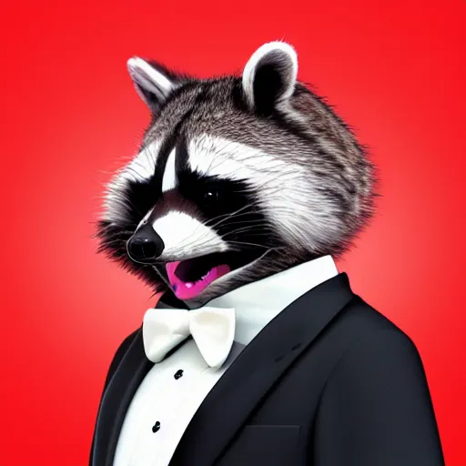 Prompt: A person with a raccoon head, tongue sticking out, ((((neck visible)))), wearing a white tuxedo, artstation, red background