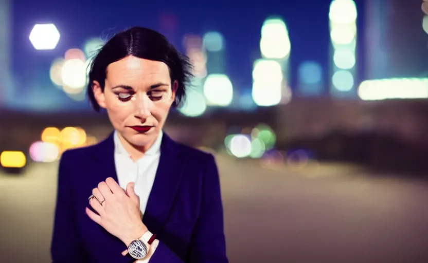 Image similar to a wide shot of a woman with a wool suit, short dark hair, blurred face, wearing an omega speedmaster on her wrist in front of a crowded dystopian city at night with cyberpunk lights