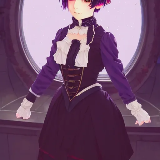 Image similar to wearing full clothing in full clothing victorian dress, beautiful anime woman, purple hair, red eyes, weapon, steampunk, symmetrical face, symmetrical eyes, full round face, short smile, detailed, winter setting, cinematic lighting, medium shot, mid - shot, makoto shinkai, artgerm, ilya kuvshinov, loish