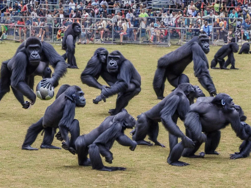 Image similar to gorillas playing a soccer in a stadium full of people, vivid