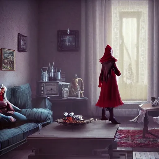 Image similar to werewolf and red riding hood talking in grandma’s living room, 3d scene, render, ultra realistic, zenith view, Greg Rutkowski, artstation, cgsociety, unreal engine, 3d scene, render, ultra realistic