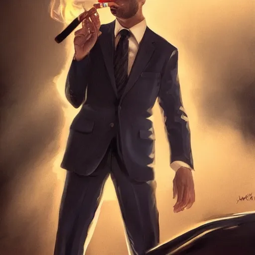 Image similar to andrew tate wearing a suit smoking a cigar on his mouth, dramatic lighting, cinematic, establishing shot, extremly high detail, photorealistic, cinematic lighting, artstation, style by James Gurney