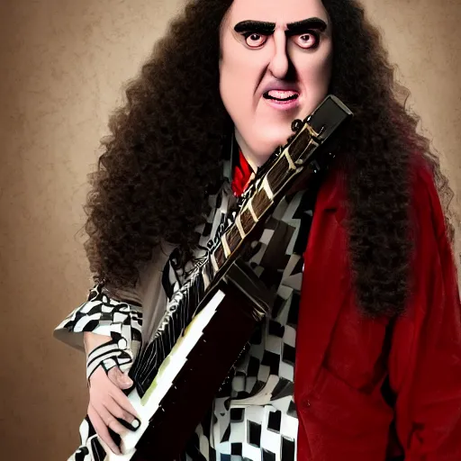 Prompt: The Lovechild of Weird Al Yankovic and Tiny Tim, real life, hyperrealistic, ultra realistic, realistic, highly detailed, epic, HD quality, 8k resolution, body and headshot, front facing, front view, headshot and bodyshot, detailed face, very detailed face