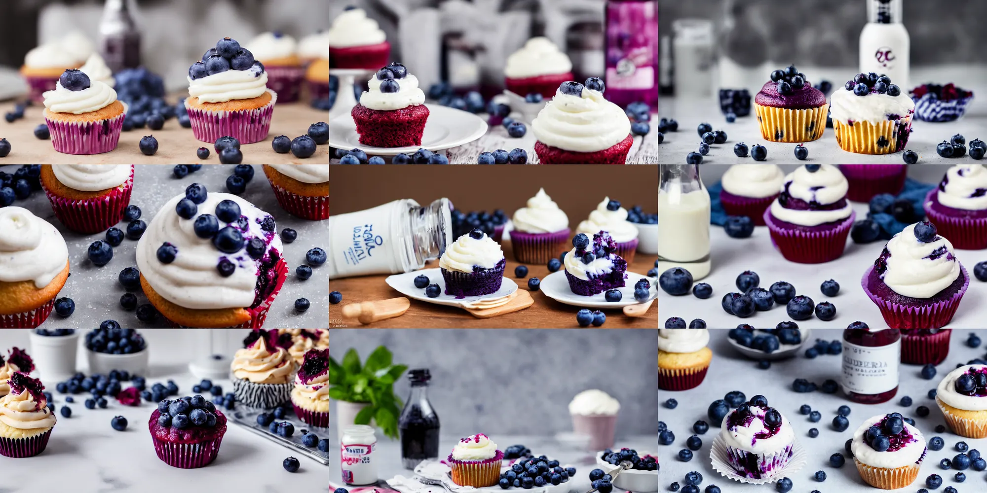 Prompt: dslr food photograph of a blueberry cupcake white creme topping and a bottle of blueberry sauce on the side, 8 5 mm f 1. 8