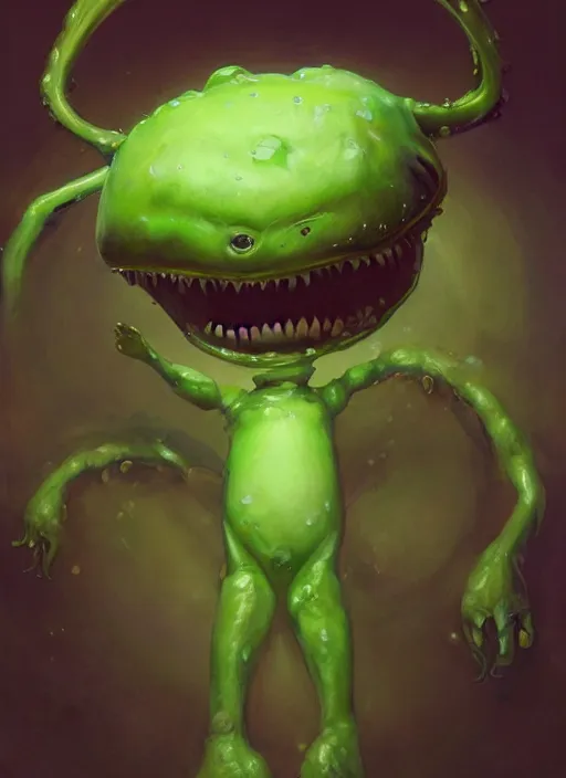 Prompt: hyper realistic portrait of my happy, smiling, waifu cute innocent green amorphous blob, slimy alien creature with adorable uwu eyes, it has several human arms out stretched to grab me. painted by greg rutkowski, wlop,,