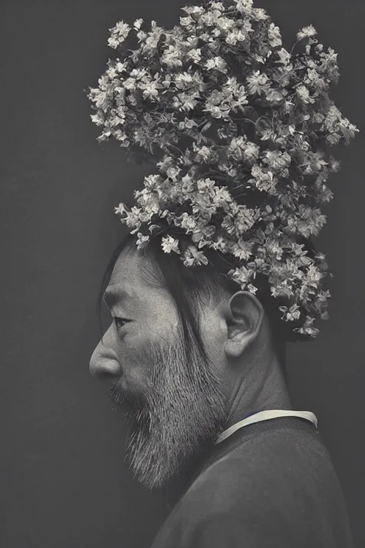 Prompt: Japanese man's face in profile, long beard, made of flowers and fruit, in the style of the Dutch masters and Gregory crewdson, dark and moody