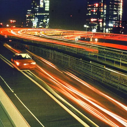 Prompt: nissan skyline r 3 3 rides on tokyo highway, night, high traffic, photograph from 1 9 9 9 year