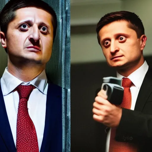 Image similar to Volodymyr Zelenskiy as The American Psycho, sweating profusely, staring intensely