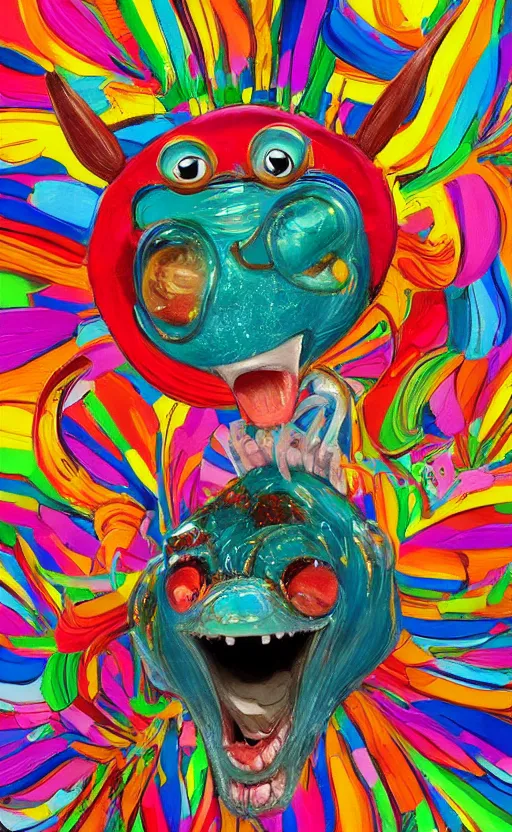 Prompt: a bright and colorful detailed photorealistic painting of a funny looking character. the character is making a silly face and the background is filled with happy looking animals. high quality. hq hd 4 k. award winning. trending on artstation