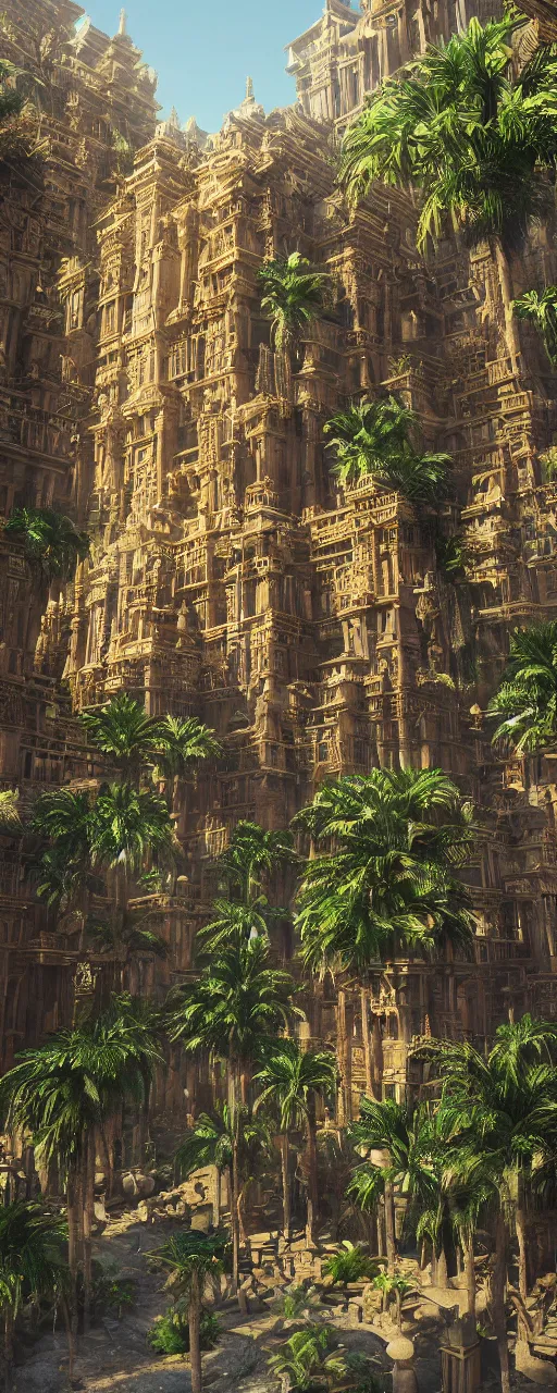 Image similar to photorealistic eye level conteporary babylon tower, golden intricate details, stone facade, sacred ancient architecture, hanging gardens, cascading highrise, arid mountains with lush palm forest, sunlight, post - production, octane, cgi, sfx