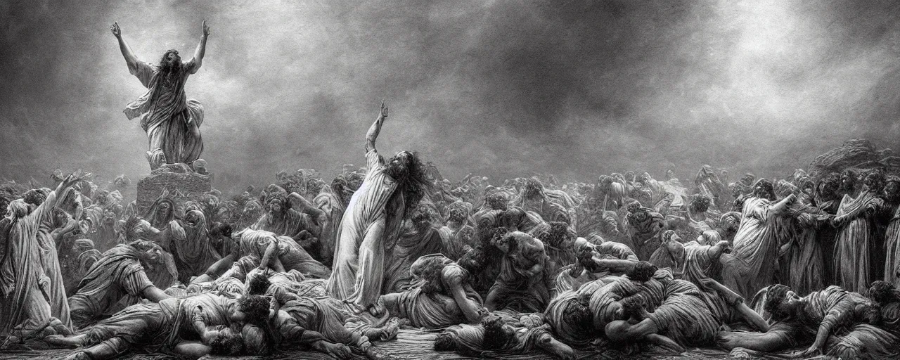 Image similar to moses holding up in the air the ten commandments stone tablets, photorealistic, highly detailed, texture, soft light, dramatic, moody, ambient, painting by gustave dore