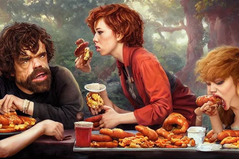 Image similar to portrait of peter dinklage sharing hotdogs with scarlett johansson, an oil painting by ross tran and thomas kincade