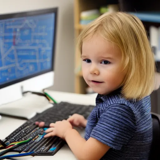 Image similar to a blonde toddler child infant baby girl working CAD computer drafting, civil engineer, sitting at a desk