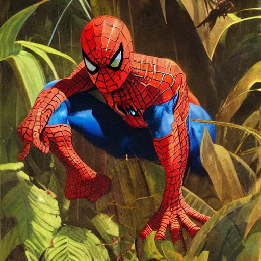 Prompt: color portrait of spiderman in the jungle by frank frazetta