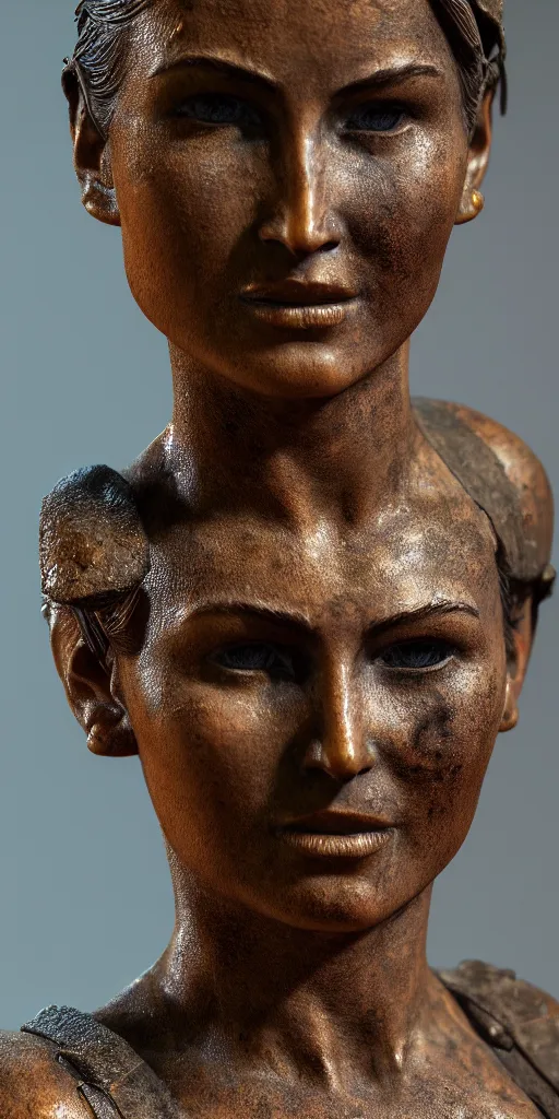 Prompt: detailed photo of an old bronze patina statue of beautiful lara croft, full body portrait, photorealism, intricate detail, museum diffuse lighting