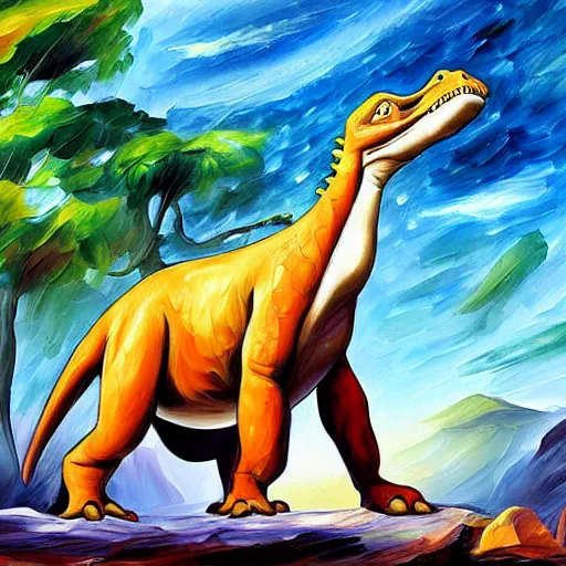 Prompt: digital painting of LittleFoot from The Land Before Time by Leonid Afremov, dinosaur