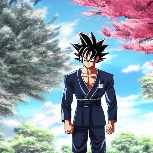 Image similar to highly detailed photo of goku wearing tuxedo standing in front of sakura trees, anime concept art, highly detailed, 8 k