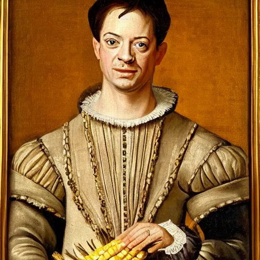 Image similar to a 1 6 0 0 s portrait painting of brendan fraser holding corn, intricate, elegant, highly detailed