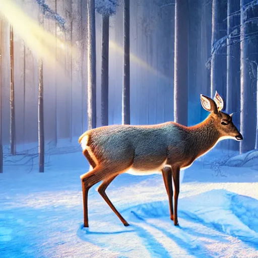 Image similar to family of deer on fire in a frozen forest, sparkles and sun rays, hyperrealistic, photo realistic, realistic, beautiful white lighting, in the middle of the day, hyperdetailed, very detailed