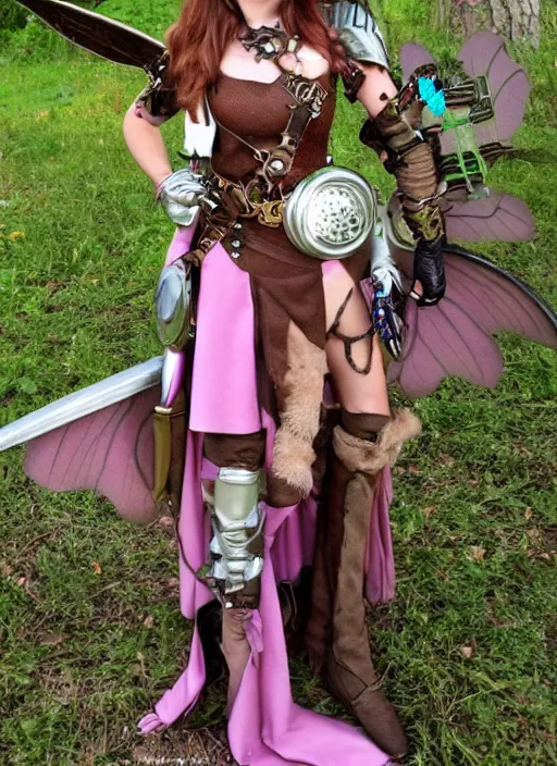 Image similar to Brown hair pink eye female faerie paladin planeteer + Tinkerbell +pixie hollow + steampunk + full dress + sparked and a full plate armor + D&D + full body