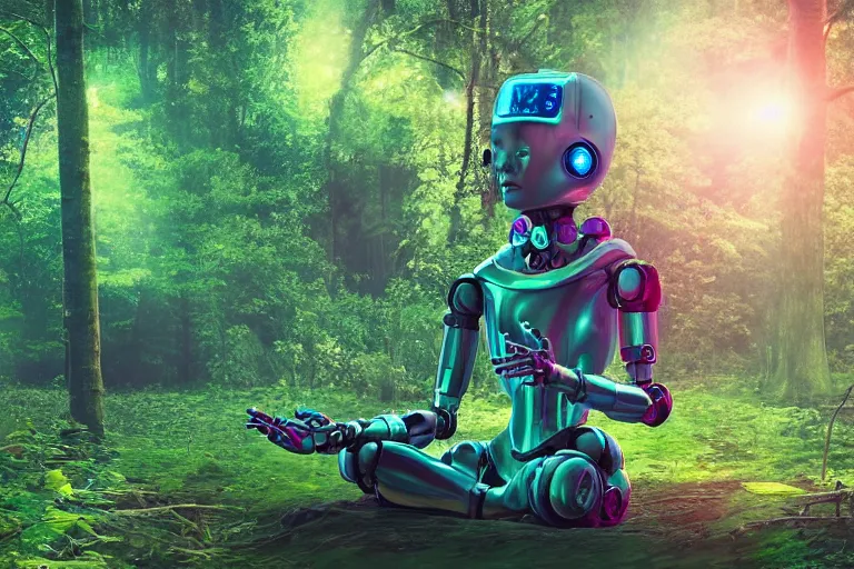 Image similar to a cute robot girl meditating in the forest, astral, synthwave, realism, 8 k