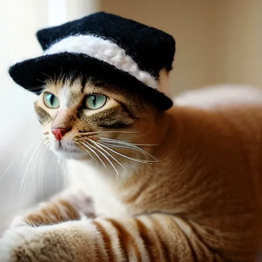 Prompt: cute cat photo, wearing wool hat, tongue! licking, mlem!, cat ears