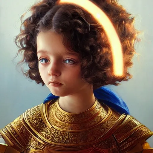 Prompt: a little girl with short wavy curly light brown hair and blue eyes, a space empress in byzantine style. beautiful highly detailed face, painting by artgerm and greg rutkowski and ilya kuvshinov.