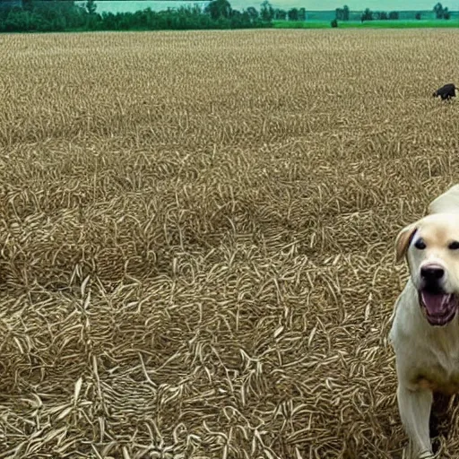 Prompt: photo of a Labrador retriever running in a field of corn, still from the film inglorious bastards