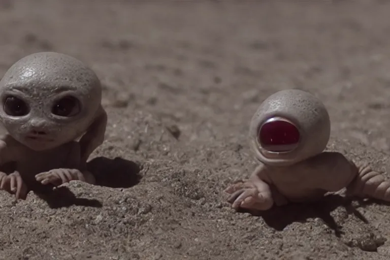 Image similar to vfx movie scene closeup adorable curios tiny little baby alien creature in moon desert eating a rock. by emmanuel lubezki