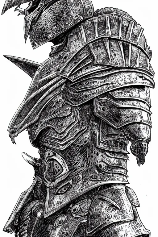 Prompt: armoured warrior human figure monster, symmetrical, highly detailed, digital art, crow themed armour, sharp focus, trending on art station, kentaro miura manga art style