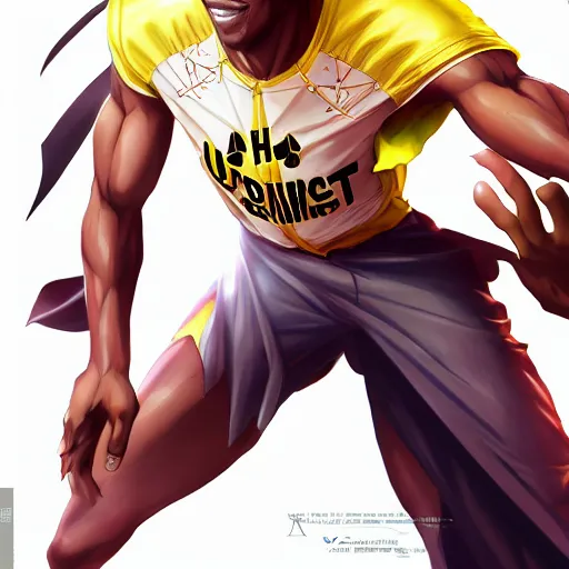 Image similar to portrait of usain bolt the incarnation of hermes, anime fantasy illustration by tomoyuki yamasaki, kyoto studio, madhouse, ufotable, square enix, cinematic lighting, trending on artstation