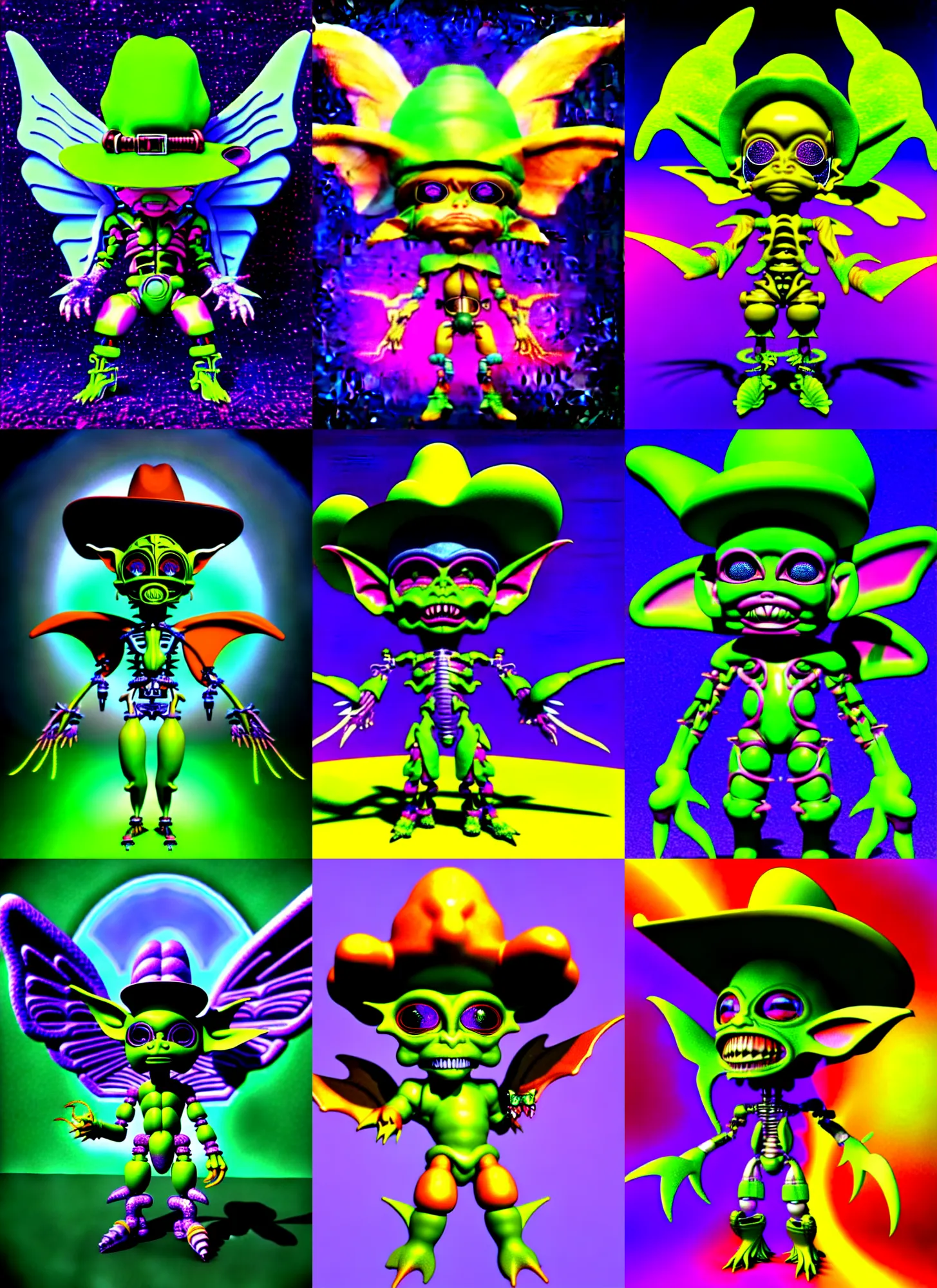 Prompt: 3 d silicon graphics render of chibi cyborg goblin by ichiro tanida wearing a big cowboy hat and wearing angel wings against a psychedelic acid background with 3 d butterflies and 3 d flowers in the style of early three dimensional computer graphics 3 d rendered y 2 k aesthetic