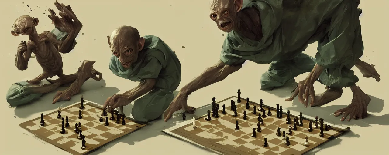 Prompt: duotone olive illustration 3 / 4 portrait of gollum playing chess composition accidental renaissance golden ratio. by sachin teng and sergey kolesov and ruan jia and heng z. graffiti art, scifi, fantasy, hyper detailed. octane render. concept art. trending on artstation