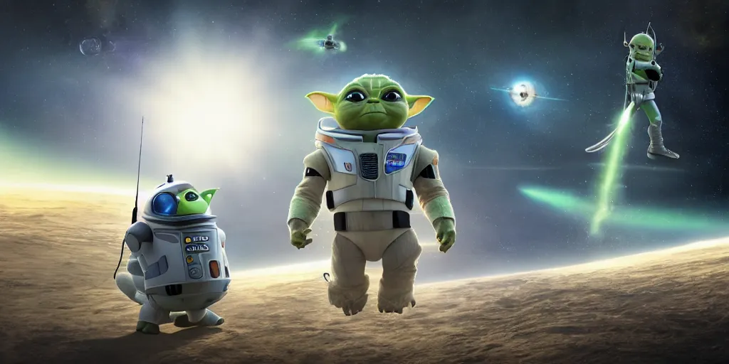 Image similar to a 3 d rendered movie still, wide - angle shot, 1 0 0 meter in the distance, baby yoda wearing a spacesuit, and exploring cosmos in a super awesome space ship. dramatic lighting, imax, 7 0 mm. science fiction blockbuster movie, buzz lightyear.