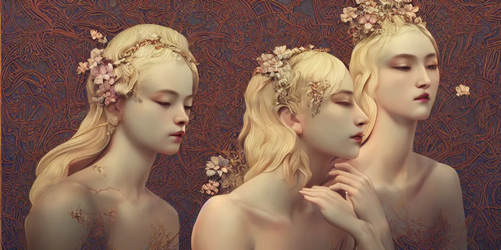 Prompt: breathtaking detailed concept art painting art deco pattern of blonde faces goddesses amalgamation flowers, by hsiao - ron cheng, bizarre compositions, exquisite detail, extremely moody lighting, 8 k